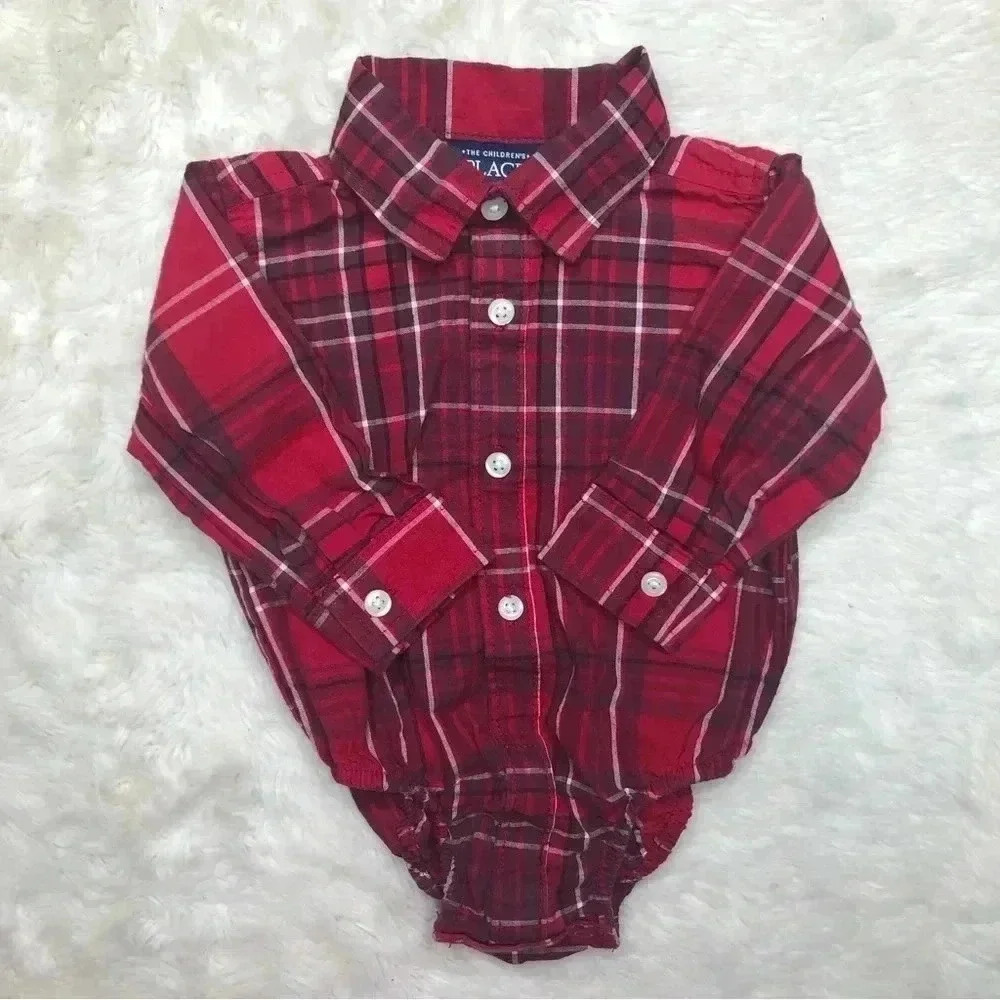 The Children’s Place Onesie Red/Black/White Plaid collared Buttoned 3-6 Months